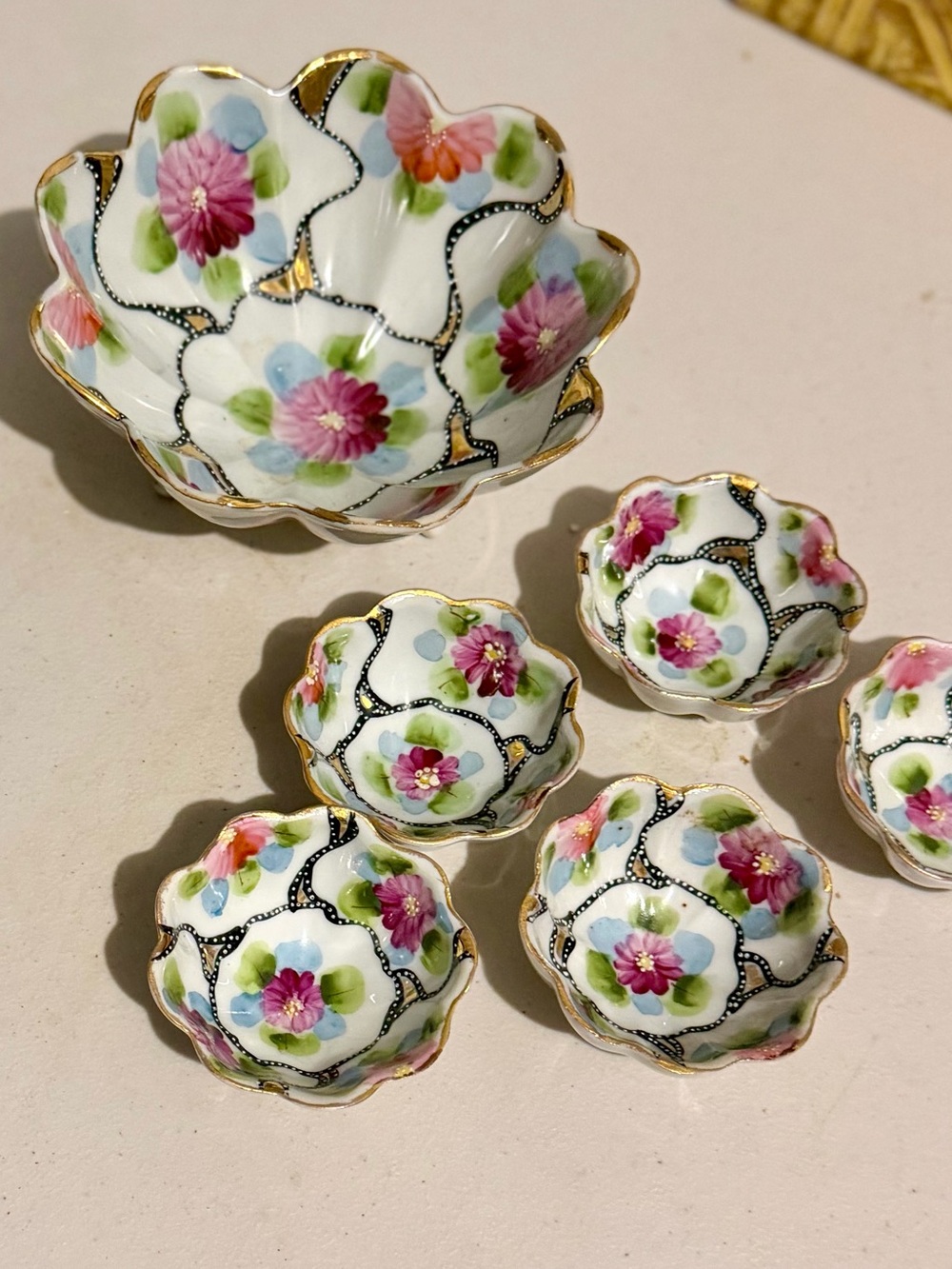Antique Nippon Hand-painted Porcelain Nut Or Berry Bowl Sets Set of 6